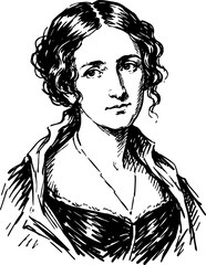 Mary Shelley English Novelist and Pioneer of Science Fiction Best Known as the Author of Frankenstein Hand-Drawn Ink Vector Portrait Illustration Isolated on Transparent Background © Lora Bach