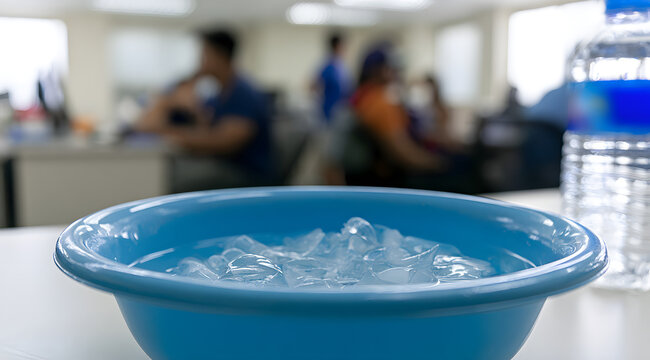 Eisw&uuml;rfel und Wasser in Plastiksch&uuml;ssel im B&uuml;ro, Mitarbeiter im Hintergrund. Konzept f&uuml;r Hitze, K&uuml;hlung am Arbeitsplatz.