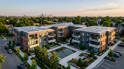Fototapeta premium Aerial view of modern apartments with balconies in a suburban landscape near city skyline at dusk