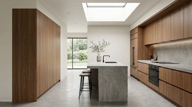 Minimalist kitchen featuring wood cabinetry, concrete island, and natural skylight lighting