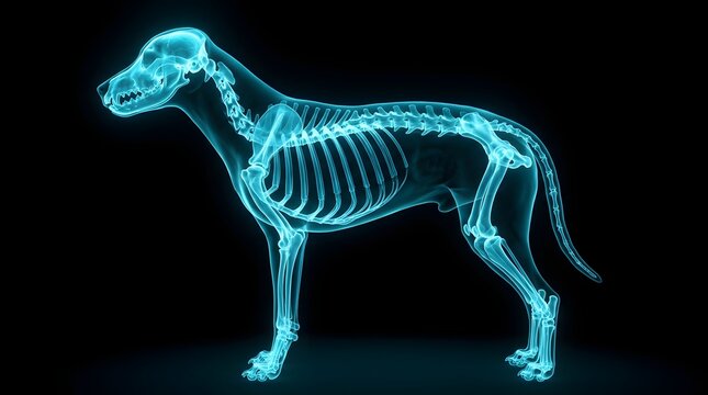 Xray style 3d render of a dog skeleton isolated on a black background