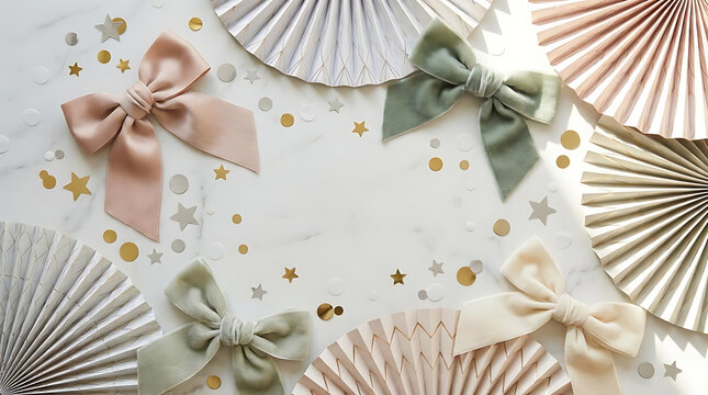 Decorative festive bows and party paper fans with glitter confetti