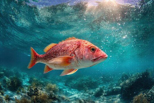 Single red snapper swimming above sandy seabed in turquoise ocean light