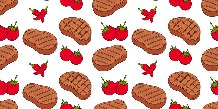 Seamless pattern of meat and vegetables in cartoon style. A collection of meat images for cafes and restaurants, packaging.