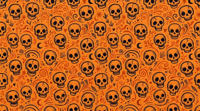 Seamless pattern with handdrawn skulls and decorative swirls on orange background
