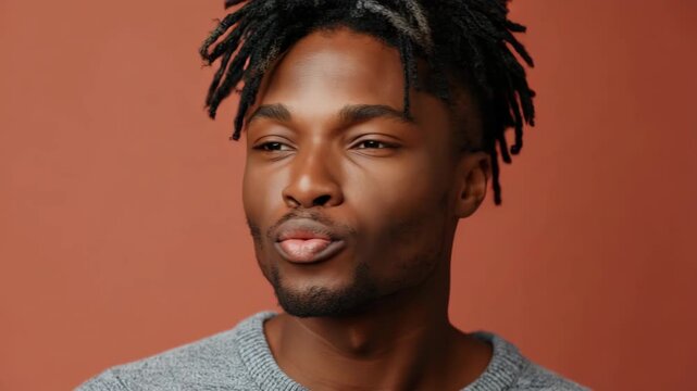 Young man puckered lips closeup against red studio background