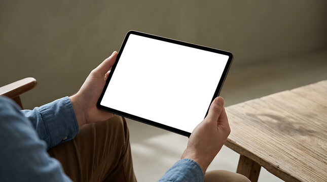 A person holds a tablet with a blank screen while sitting in a chair next to a wooden table indoors.