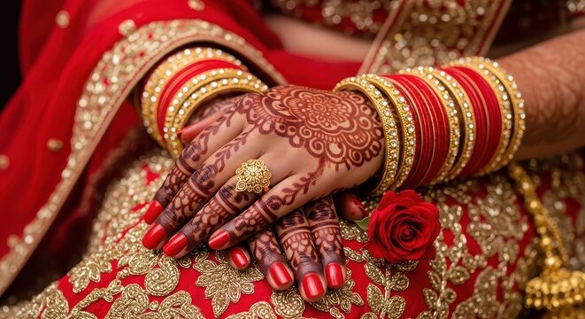 Indian bride hands with traditional henna mehndi design and gold bangles on red wedding dress.