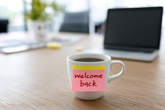 Coffee mug with a welcome back sticker on the office desk, laptop backdrop, and smiling face