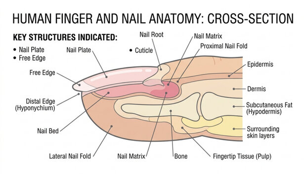 Fingernail Anatomy Cross Section Vector Illustration with Nail Plate Root Bed and Skin Structure.