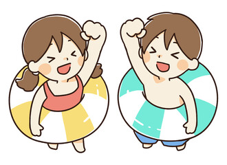 水着の子供たち見下ろしポーズの手書きイラスト