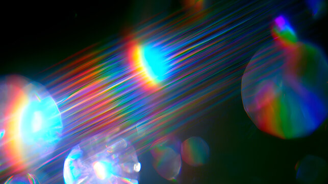 A shadowy cinematic overlay adorned with lively crystal prism light leaks, splashes of rainbow lens flares, and wisps of soft bokeh dots across a backdrop of jet blackness.
