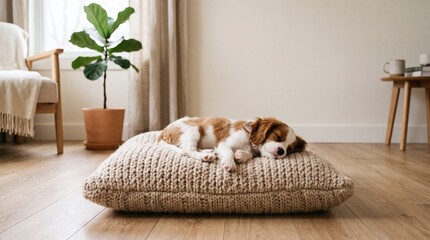 Fototapeta na wymiar Adorable puppy sleeping peacefully on a comfortable dog bed in a cozy living room.
