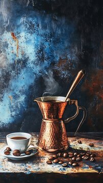 A copper pour over coffee maker with steam rising and coffee beans scattered on a table
