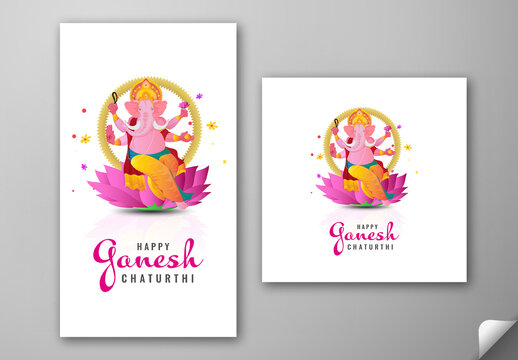 Editable Happy Ganesh Chaturthi Social Media Greeting Post and Story Template with Lord Ganesha Idol Illustration Sitting on Pink Lotus Flower and Golden Aura on White Background.