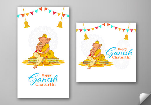 Editable Happy Ganesh Chaturthi Social Media Greeting Post and Story Template with Lord Ganesha Eating Modak and Laddu Plate on White Manadala Background.