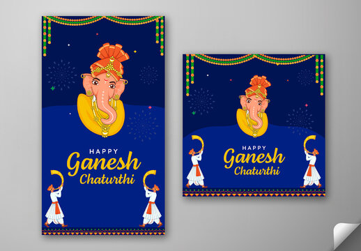 Editable Happy Ganesh Chaturthi Social Media Greeting Post and Story Template with Lord Ganesha Illustration and Indian Men Blowing Tutari on Blue Background.