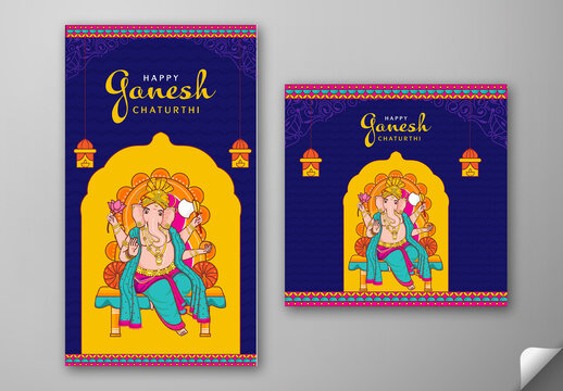 Editable Happy Ganesh Chaturthi Social Media Greeting Post and Story Template with Lord Ganesha Idol Illustration on Violet and Yellow Background.