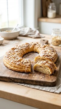 Almond kringle Danish pastry sliced on wooden board in bright rustic kitchen setting