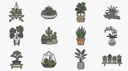 Corporate Minimalist Line Drawing Collection of Indoor Plants and Decorative Pots for Office or Home Decor © Okiawh