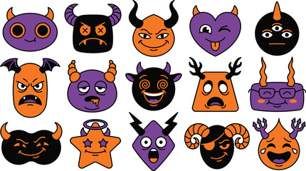 Fototapeta premium Colorful cartoon devil faces collection for halloween and spooky designs