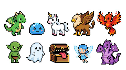 Obraz premium Cute Pixel Art Fantasy Creature Collection Retro 8 Bit RPG Game Sprite Sheet