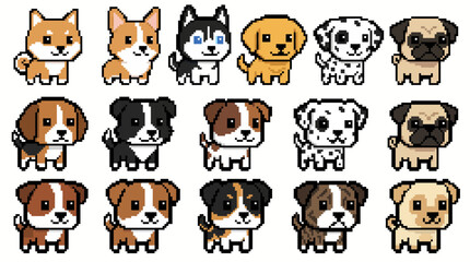 Obraz premium Cute Pixel Art Dog Collection Retro 8 Bit Game Sprite Sheet