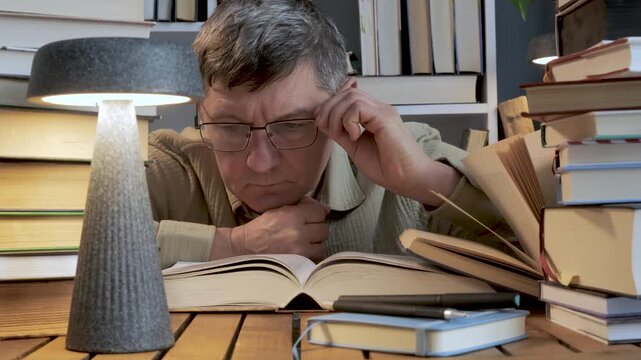 A man is studying a book at a table covered with a large pile of books, in a home setting the middle-aged reader is focused on his studies, using notes, stationery and a lamp
