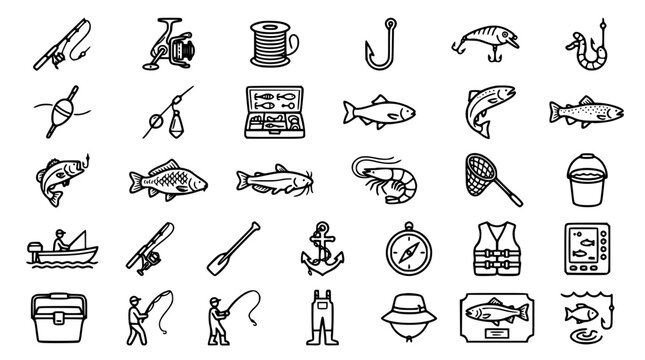 Fishing Outline Icon Collection with Rod Reel Hook Bait and Angling Equipment