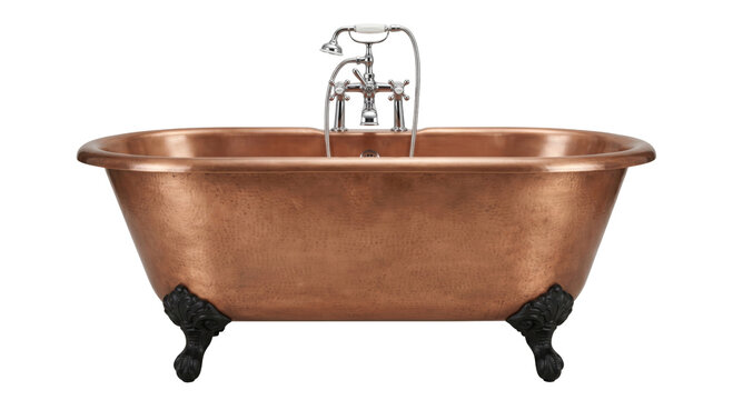 Elegant copper bathtub with ornate claw feet and vintage-style faucet