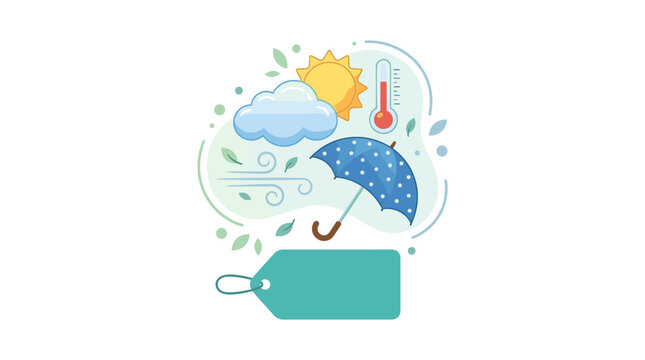 Weather forecast illustration with sun cloud umbrella and thermometer