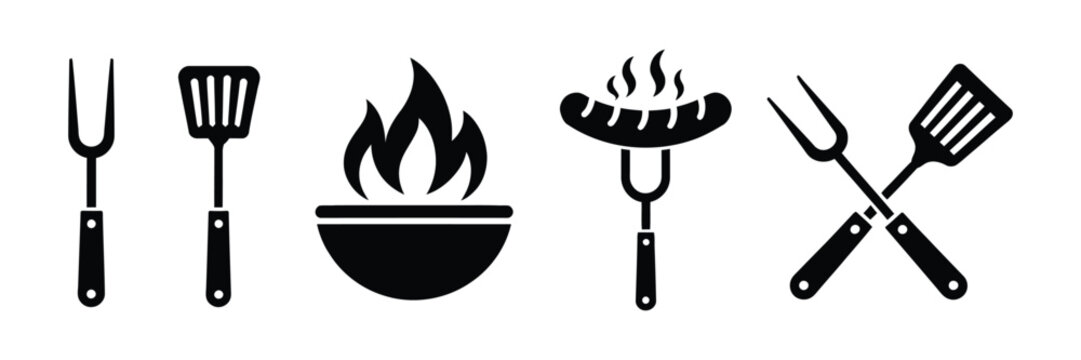 Barbecue tool icons featuring grill spatula, fork, tongs, brush, and cooking accessories with clean minimalist silhouette vector graphics for outdoor grilling, BBQ parties, and kitchen equipment.