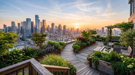 Fototapeta premium Elegant rooftop garden offering panoramic views of a modern skyline during sunrise, combining lush greenery with sophisticated urban architecture.