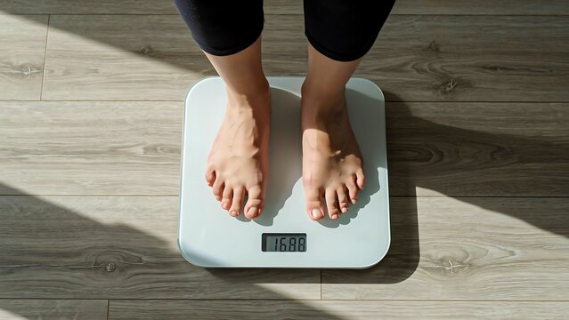 Person standing on digital weighing scale for weight management and healthy lifestyle