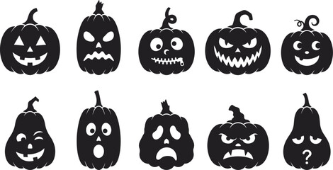 Obraz premium Collection of Halloween jack o lantern pumpkin silhouettes with various carved faces and expressions
