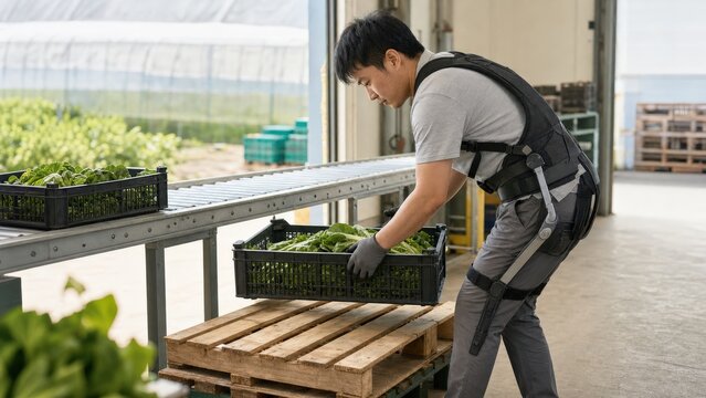 Workplace Exoskeleton Farm Packing Worker Wears Passive Back Support