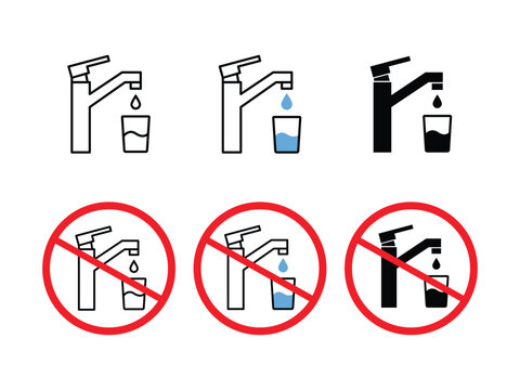 Drinking water tap icon set, safe and unsafe water symbol, faucet and glass vector illustration.