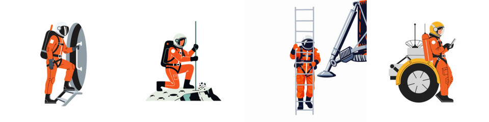 Collection of flat vector illustrations depicting astronauts in orange spacesuits on a planetary mission, exploring, sampling, and operating specialized lunar equipment. © Kreco