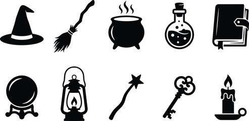 Halloween witchcraft and magic black silhouette icon collection featuring cauldron, potion, and spellbook elements © Arifa
