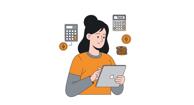 Woman Calculating Cryptocurrency Taxes on Tablet Illustration - Digital Asset Management and Ethereum Finance Concept