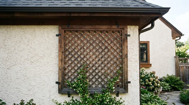 Exterior view of a house with a wooden lattice window and green plants.