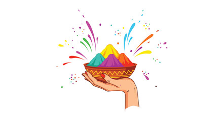 Naklejka premium Person holding a decorative bowl filled with vibrant Holi powders against a white background with colorful paint splashes.