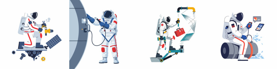 Collection of flat vector illustrations depicting astronauts performing various maintenance, repair, and technical tasks on space equipment and spacecraft. © Kreco