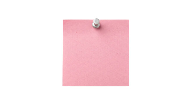 A single pink sticky note attached to a surface with a silver thumbtack