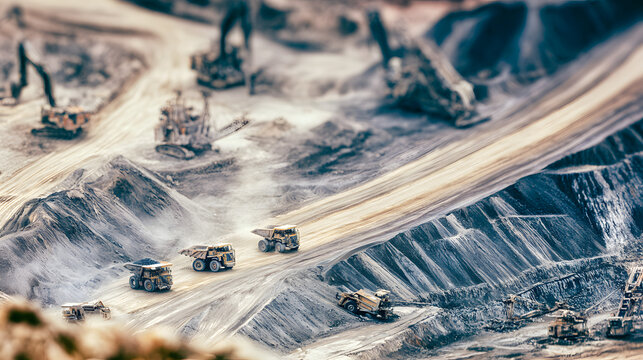 A large open-pit mining operation featuring heavy machinery and trucks, along with extensive mineral extraction, viewed from a distance, with empty space for text