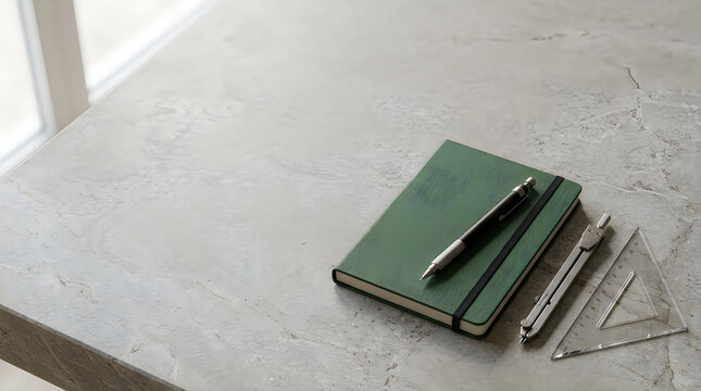 Green notebook, pens, and drafting tools on desk, office supplies, stationery, writing instruments isolated on White Background