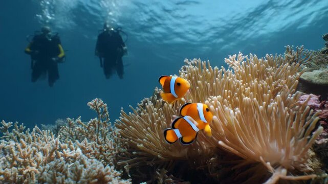 of scuba divers amidst vibrant marine life and coral