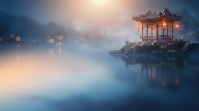 Traditional Chinese pavilion with red lanterns on a misty lake shore at night.