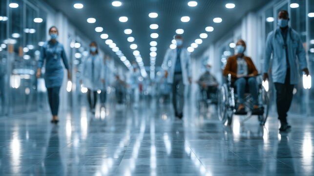 Medical professionals in masks walk through a hospital corridor where a patient is pushed in a wheelchair, highlighting healthcare in a clinical setting.