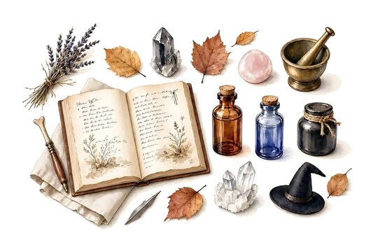 Watercolor flat lay witch spell book and magic potion bottles for spooky autumn design asset